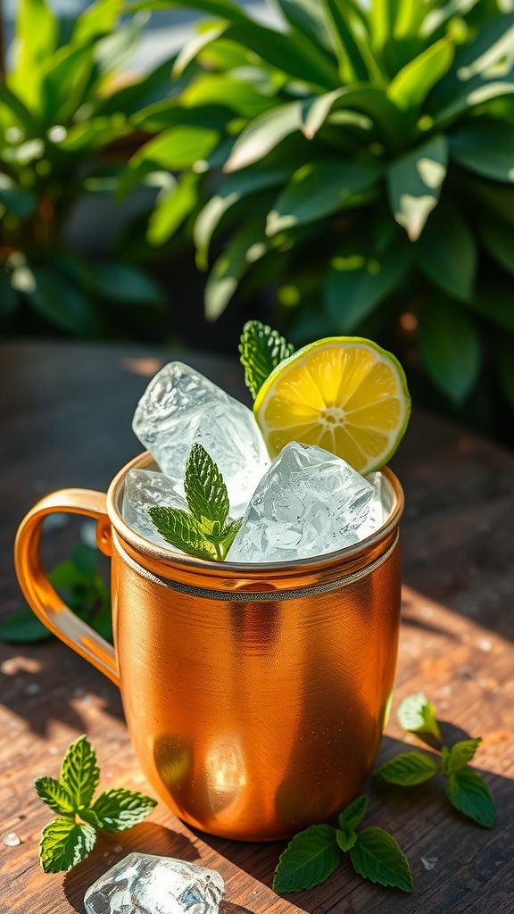 Copper mug filled with Moscow Mule cocktail, garnished with lime and mint, on a wooden table.